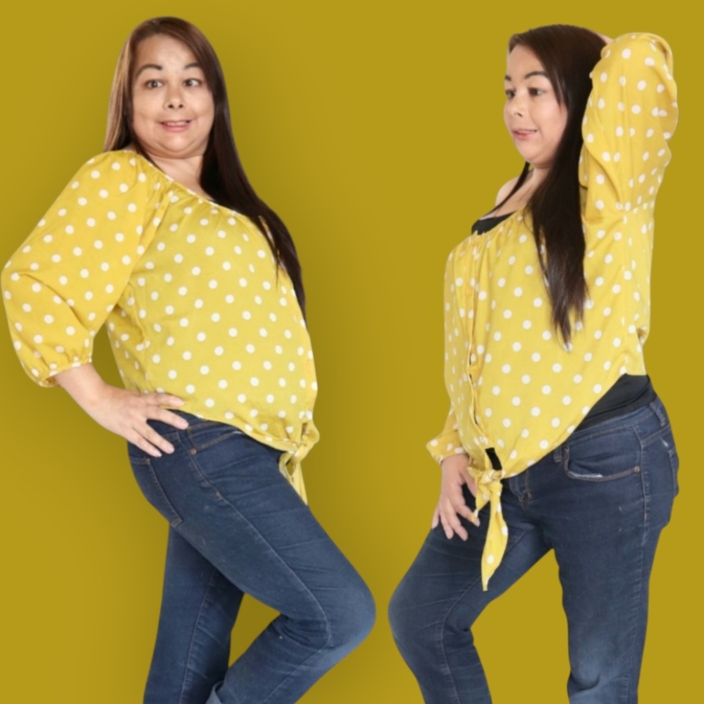 Costa Blanca Yellow With White Polka Dot Tie Up Shirt Women's Size Large